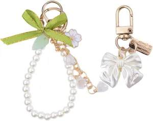 Flower Pearl Wristlet Keychain Accessories for Women Girls Pearl Ribbon Bow Keychain Cute Keychains for Women