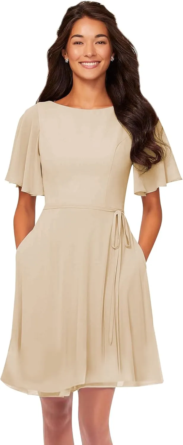 Flutter Sleeve Short Bridesmaid Dresses with Pockets Sash Chiffon A-Line Boat Neck Formal Cocktail Evening Gown