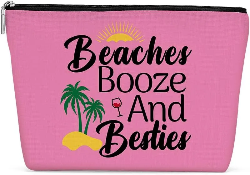 Funny Beach Makeup Bag, Sunshine Beach Bag Best Friend Summer Cosmetic Bag for Women Bridesmaid Bride Bestie Girls Trip Favors Weekender Birthday Christmas Bachelorette Party Friendship Gifts Pink