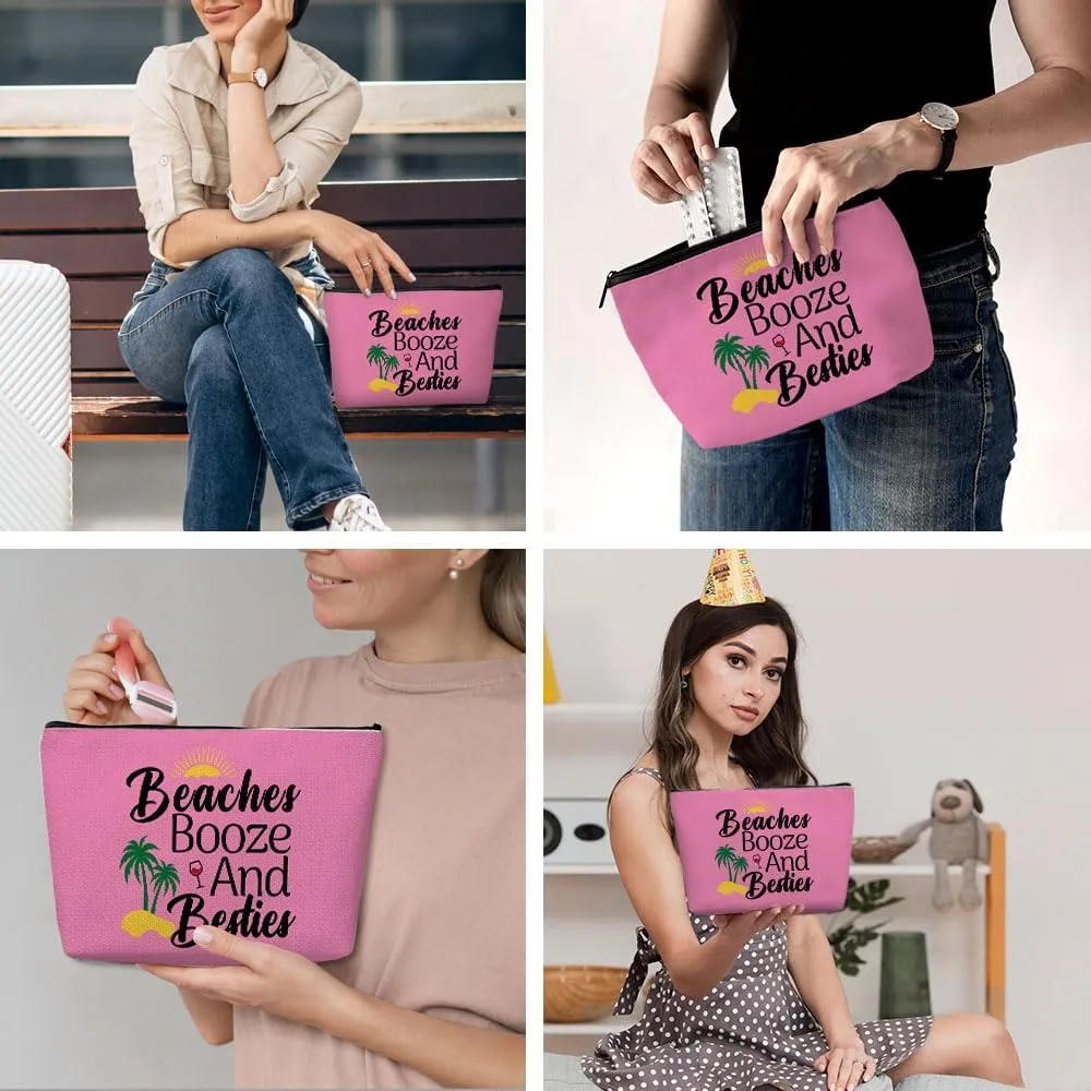 Funny Beach Makeup Bag, Sunshine Beach Bag Best Friend Summer Cosmetic Bag for Women Bridesmaid Bride Bestie Girls Trip Favors Weekender Birthday Christmas Bachelorette Party Friendship Gifts Pink