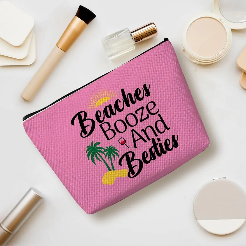 Funny Beach Makeup Bag, Sunshine Beach Bag Best Friend Summer Cosmetic Bag for Women Bridesmaid Bride Bestie Girls Trip Favors Weekender Birthday Christmas Bachelorette Party Friendship Gifts Pink