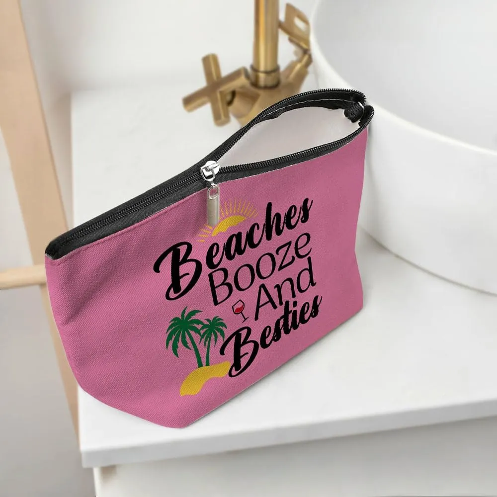 Funny Beach Makeup Bag, Sunshine Beach Bag Best Friend Summer Cosmetic Bag for Women Bridesmaid Bride Bestie Girls Trip Favors Weekender Birthday Christmas Bachelorette Party Friendship Gifts Pink