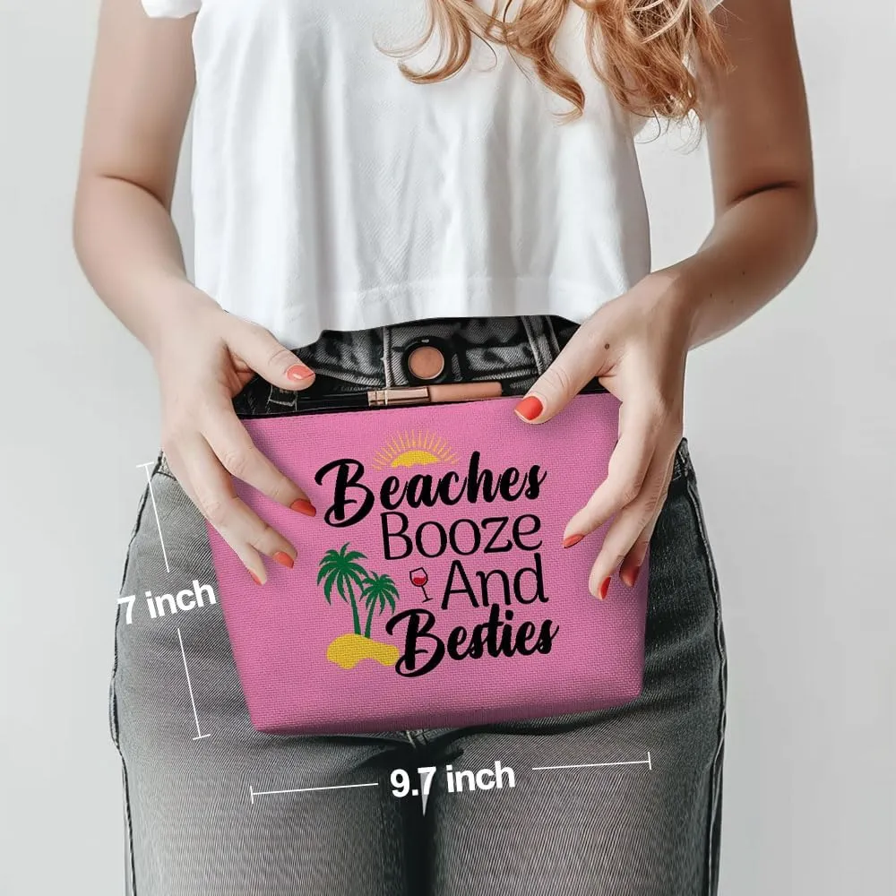 Funny Beach Makeup Bag, Sunshine Beach Bag Best Friend Summer Cosmetic Bag for Women Bridesmaid Bride Bestie Girls Trip Favors Weekender Birthday Christmas Bachelorette Party Friendship Gifts Pink