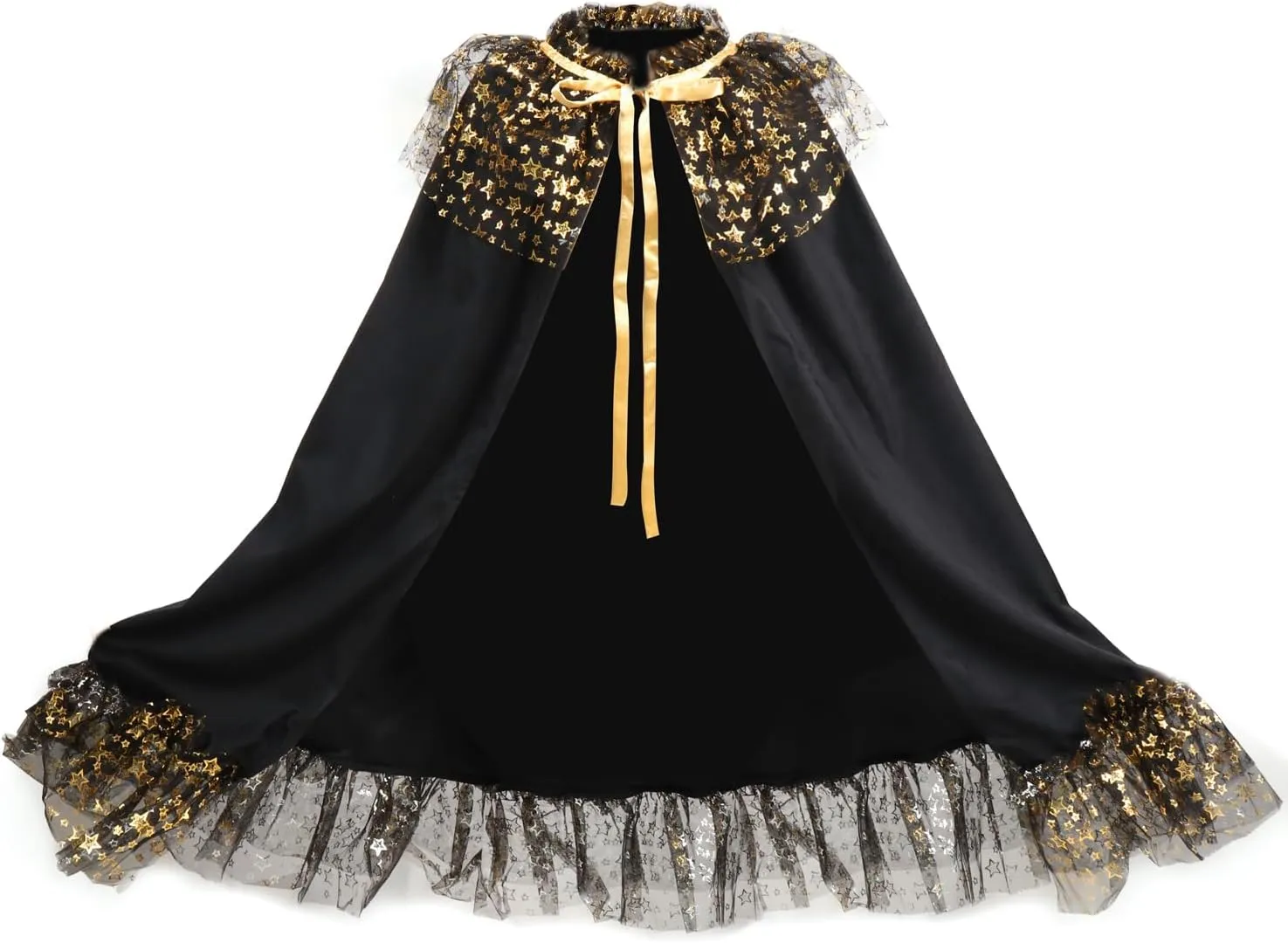 FURPHI Velvet Witch Cape with Ruffled Starry Mesh Wizard Cloak for Halloween Cosplay Costume Accessories