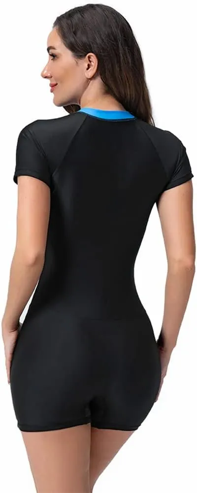 FYMNSI Women One Piece Rash Guard Zipper Short Sleeve Sun Protection Surf Rashguard Boyleg Swimsuit Bathing Suits Swimwear