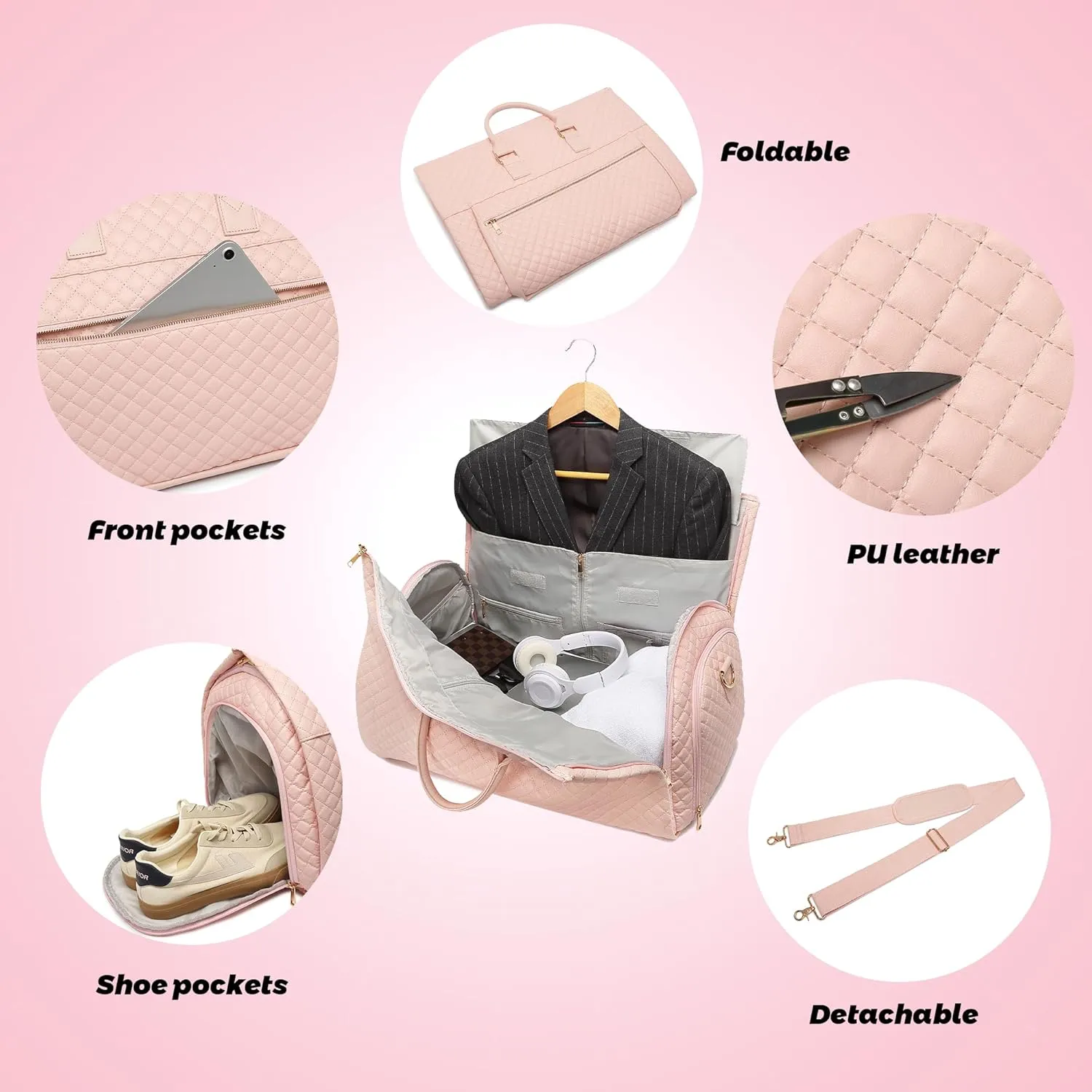 Garment Bags for Travel Pink checkered pattern suit travel bag with wheels PU leather Luggage- Rolling Garment Bag(pink)