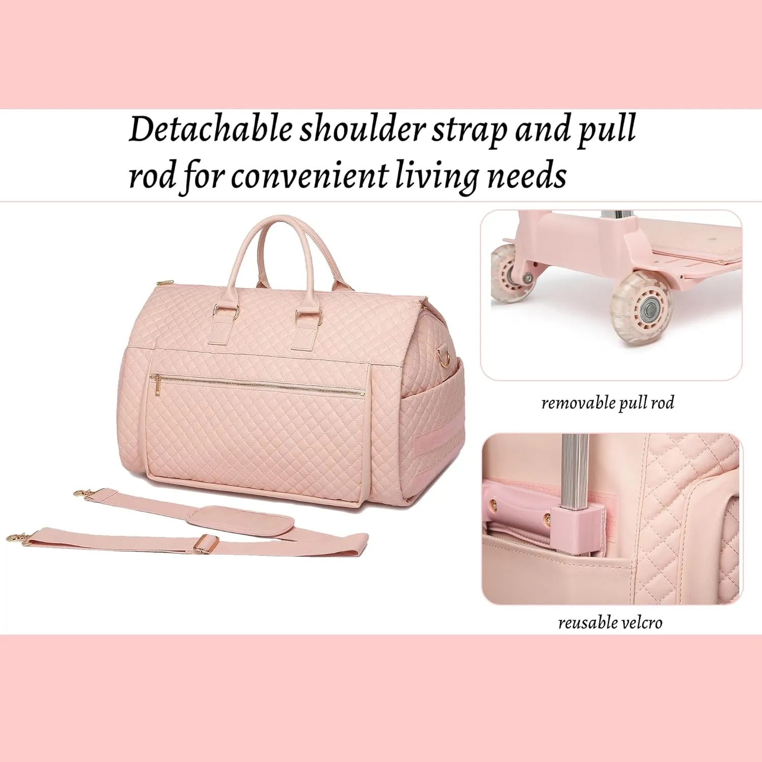 Garment Bags for Travel Pink checkered pattern suit travel bag with wheels PU leather Luggage- Rolling Garment Bag(pink)