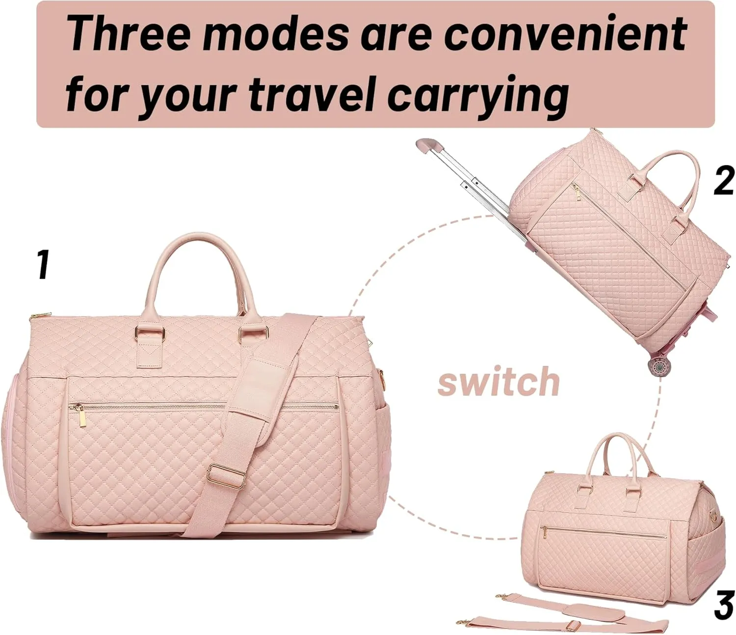 Garment Bags for Travel Pink checkered pattern suit travel bag with wheels PU leather Luggage- Rolling Garment Bag(pink)