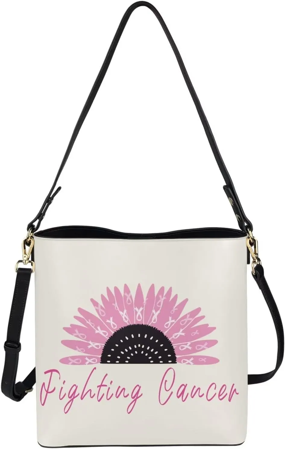 GIFTPUZZ Bucket Bags for Women Breast Cancer Awareness Accessories Pink Riboons Tote Bag with PU Leather