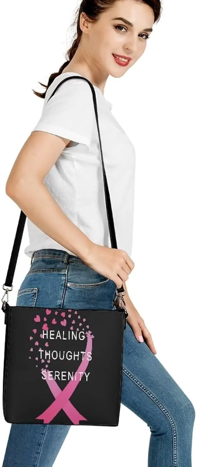GIFTPUZZ Bucket Bags for Women Breast Cancer Awareness Accessories Pink Riboons Tote Bag with PU Leather