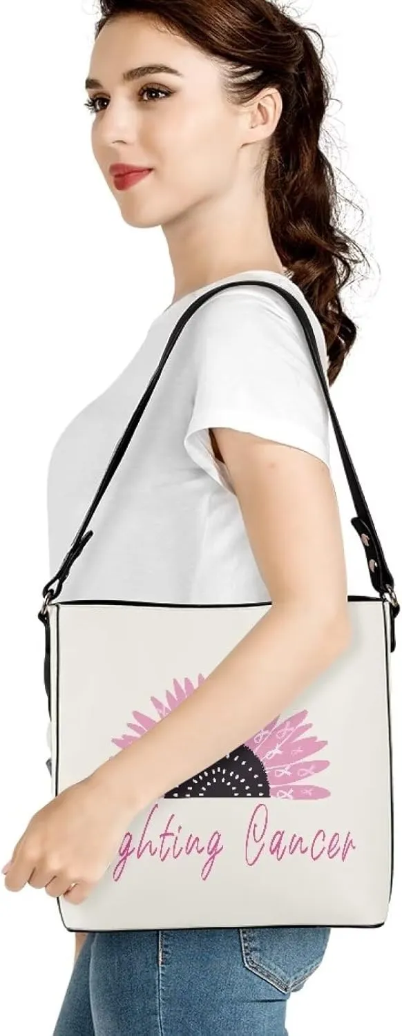 GIFTPUZZ Bucket Bags for Women Breast Cancer Awareness Accessories Pink Riboons Tote Bag with PU Leather