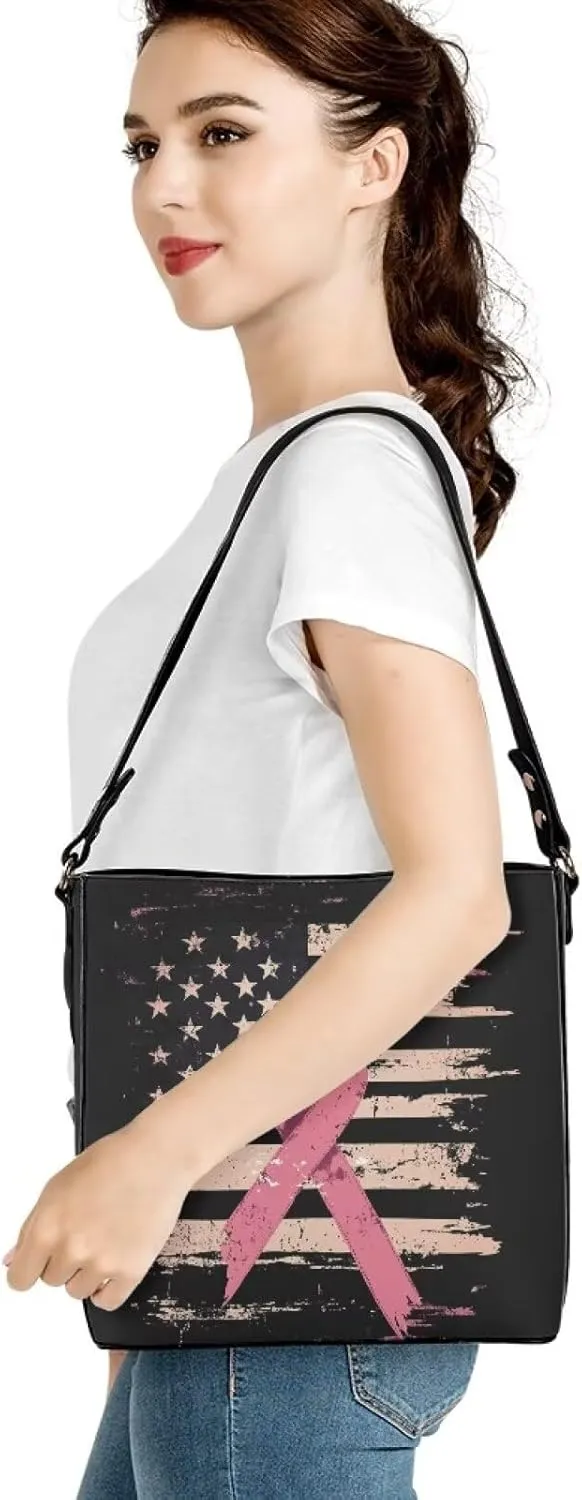 GIFTPUZZ Bucket Bags for Women Breast Cancer Awareness Accessories Pink Riboons Tote Bag with PU Leather