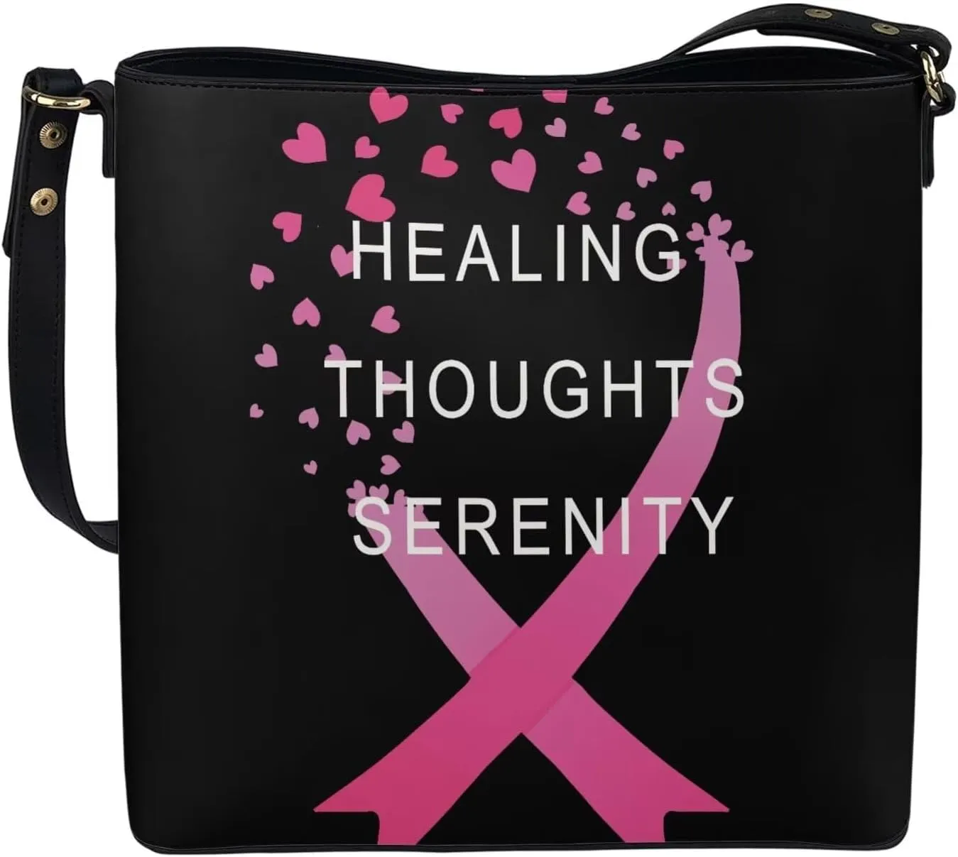GIFTPUZZ Bucket Bags for Women Breast Cancer Awareness Accessories Pink Riboons Tote Bag with PU Leather