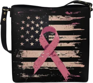 GIFTPUZZ Bucket Bags for Women Breast Cancer Awareness Accessories Pink Riboons Tote Bag with PU Leather