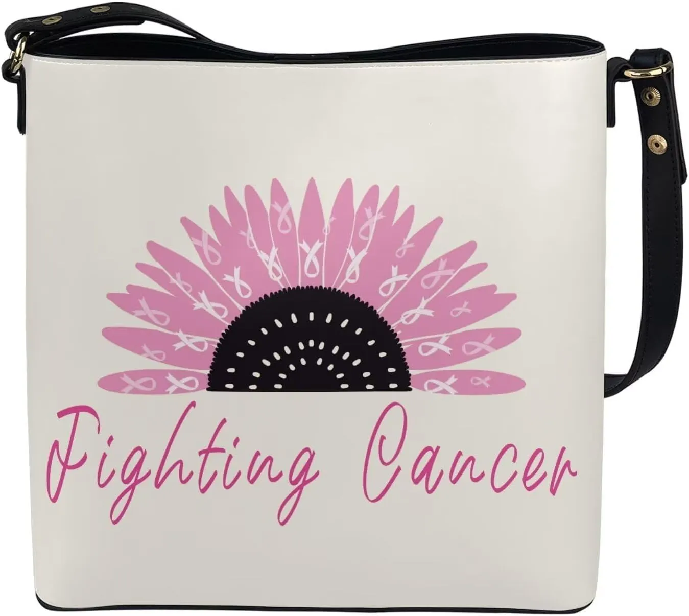 GIFTPUZZ Bucket Bags for Women Breast Cancer Awareness Accessories Pink Riboons Tote Bag with PU Leather