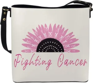 GIFTPUZZ Bucket Bags for Women Breast Cancer Awareness Accessories Pink Riboons Tote Bag with PU Leather