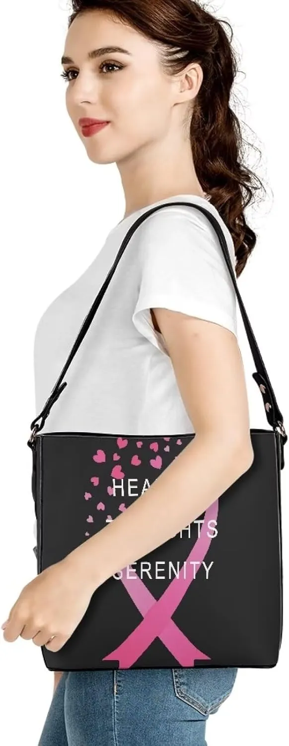 GIFTPUZZ Bucket Bags for Women Breast Cancer Awareness Accessories Pink Riboons Tote Bag with PU Leather