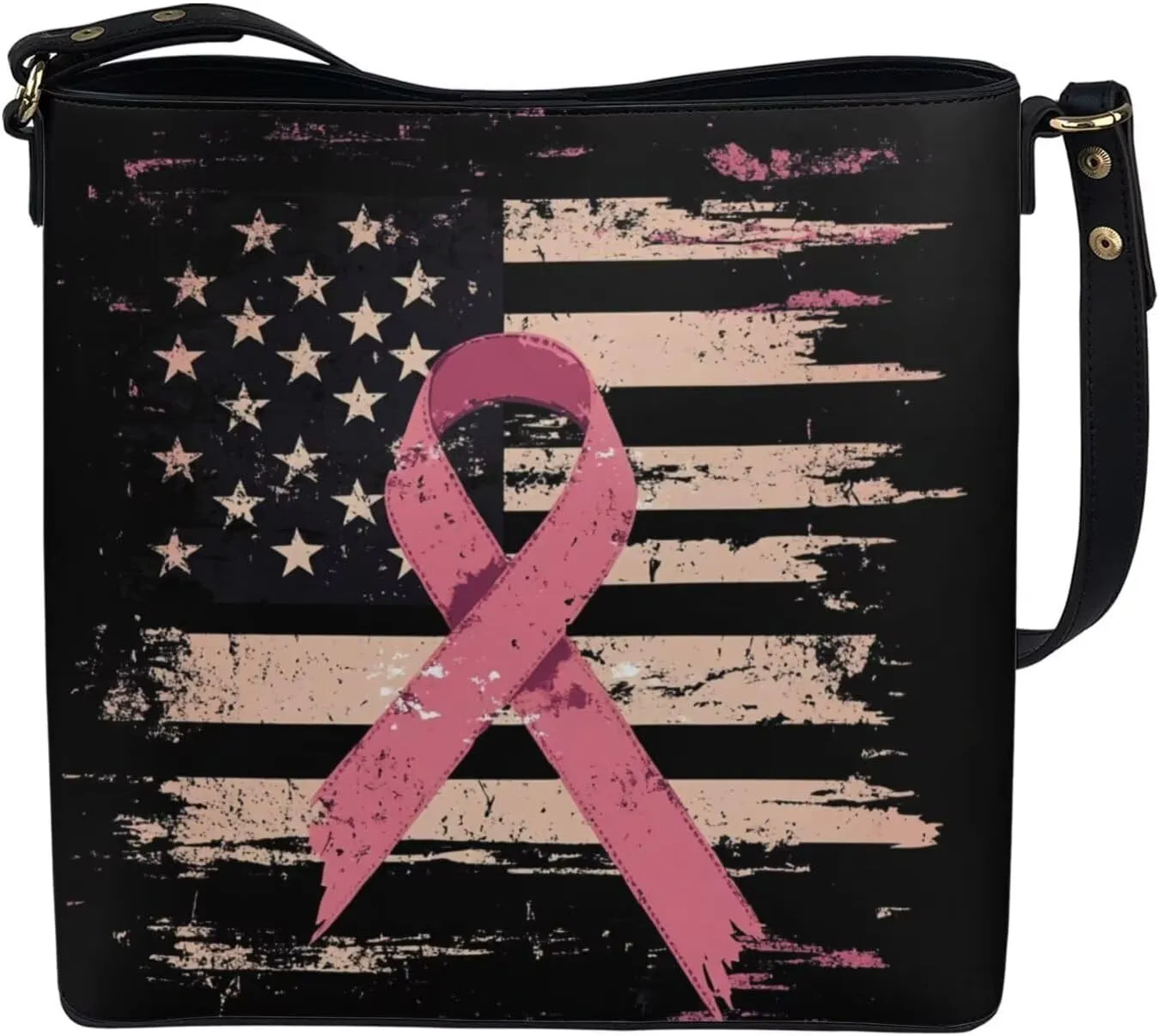 GIFTPUZZ Bucket Bags for Women Breast Cancer Awareness Accessories Pink Riboons Tote Bag with PU Leather