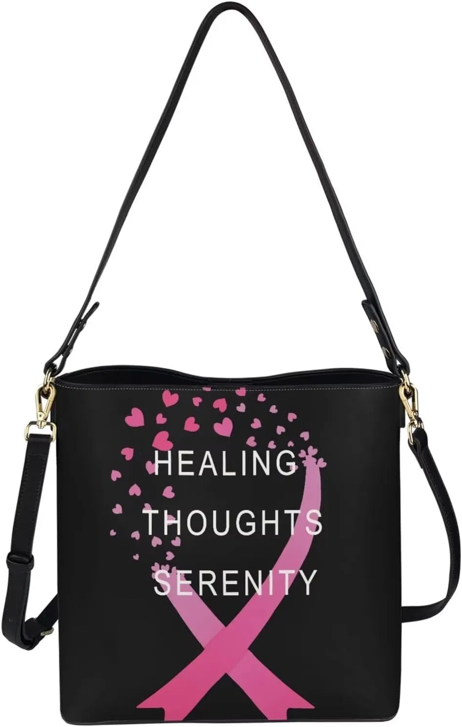 GIFTPUZZ Bucket Bags for Women Breast Cancer Awareness Accessories Pink Riboons Tote Bag with PU Leather