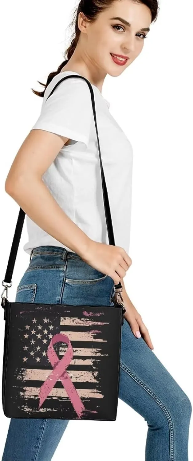 GIFTPUZZ Bucket Bags for Women Breast Cancer Awareness Accessories Pink Riboons Tote Bag with PU Leather