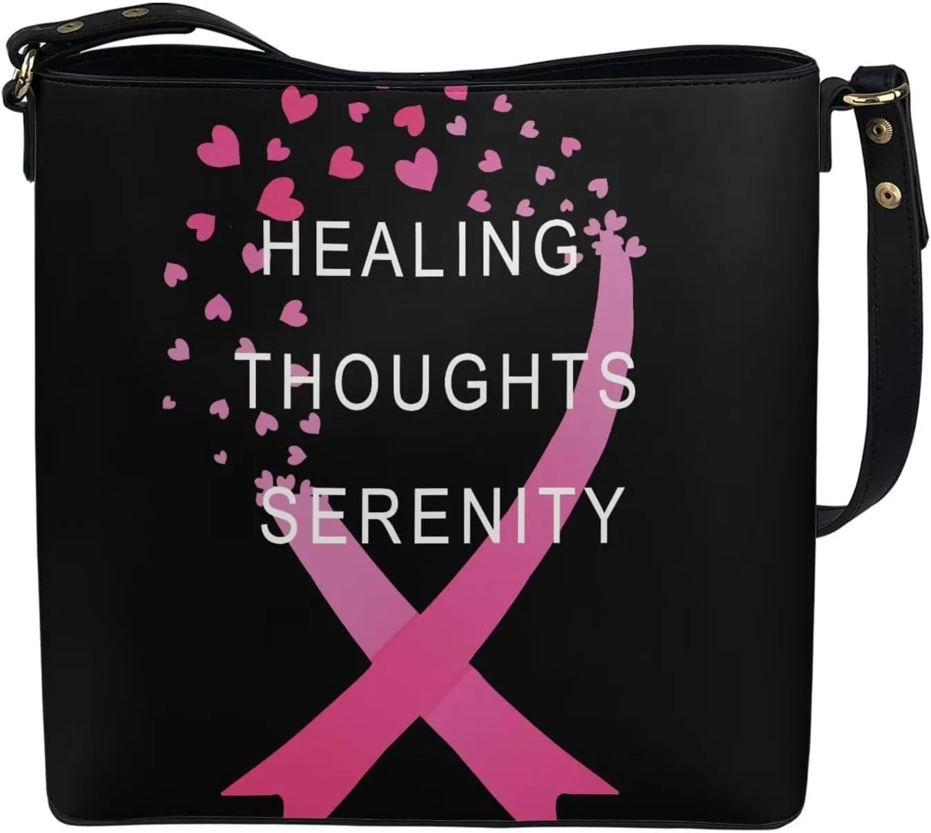 GIFTPUZZ Bucket Bags for Women Breast Cancer Awareness Accessories Pink Riboons Tote Bag with PU Leather