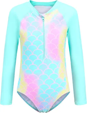 Girls Rash Guard Long Sleeve One Piece Swimsuits Stripes Zipper Bathing Suits UPF 50 /Sun Protection