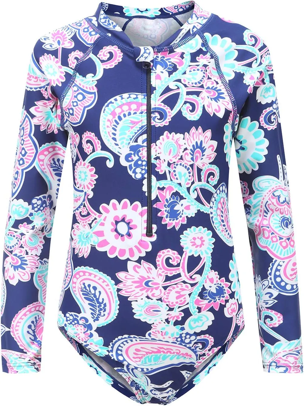 Girls Rash Guard Long Sleeve One Piece Swimsuits Stripes Zipper Bathing Suits UPF 50 /Sun Protection