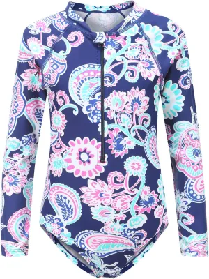 Girls Rash Guard Long Sleeve One Piece Swimsuits Stripes Zipper Bathing Suits UPF 50 /Sun Protection