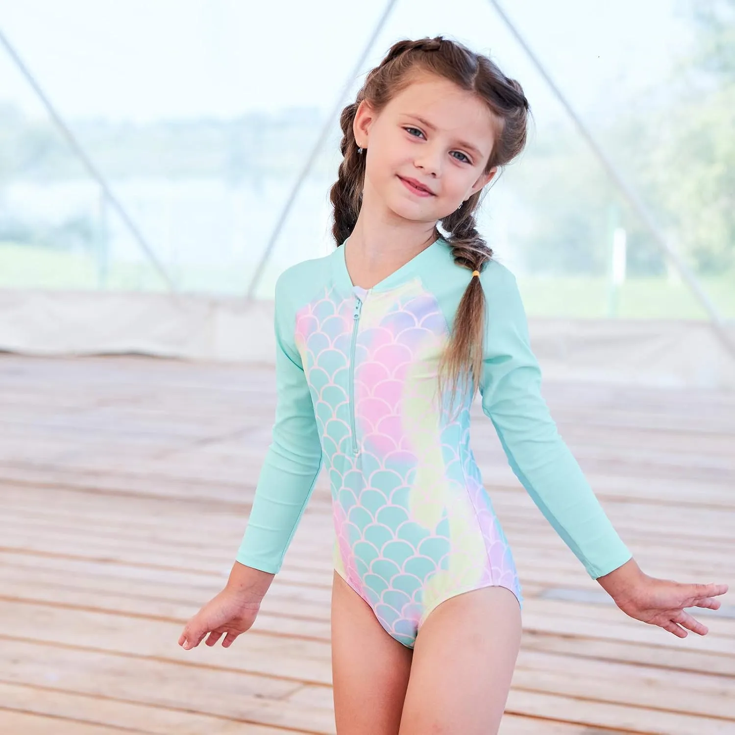 Girls Rash Guard Long Sleeve One Piece Swimsuits Stripes Zipper Bathing Suits UPF 50 /Sun Protection