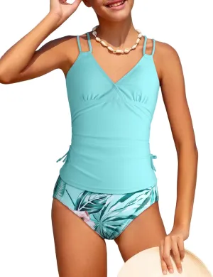 Girls Swimsuit 2 Piece Bikini Set Tropical Print Girls Bathing Suit Adjustable Straps 7-16T