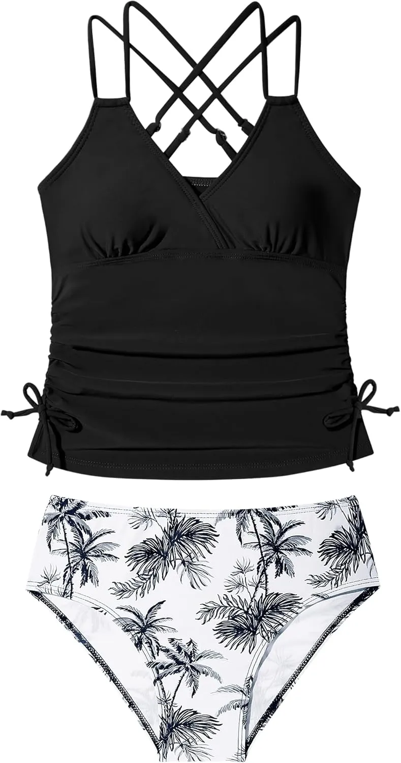 Girls Swimsuit 2 Piece Bikini Set Tropical Print Girls Bathing Suit Adjustable Straps 7-16T