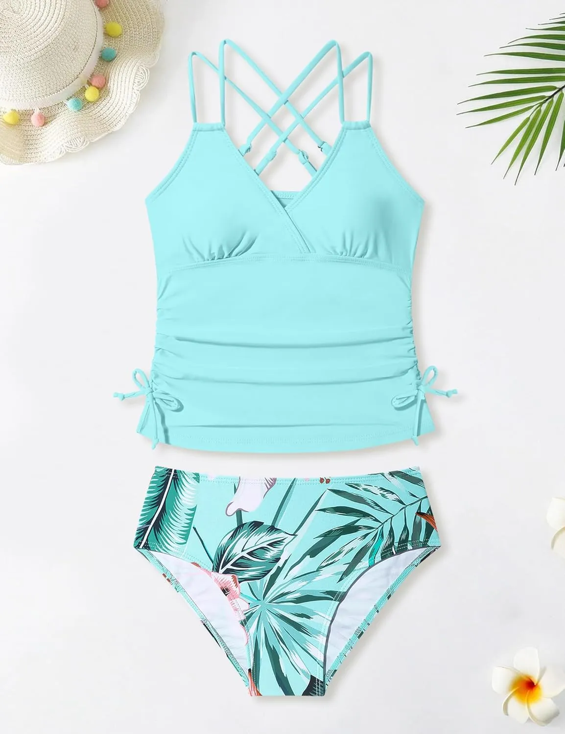 Girls Swimsuit 2 Piece Bikini Set Tropical Print Girls Bathing Suit Adjustable Straps 7-16T