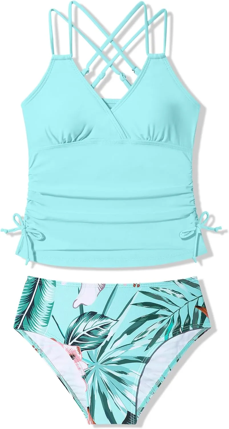 Girls Swimsuit 2 Piece Bikini Set Tropical Print Girls Bathing Suit Adjustable Straps 7-16T