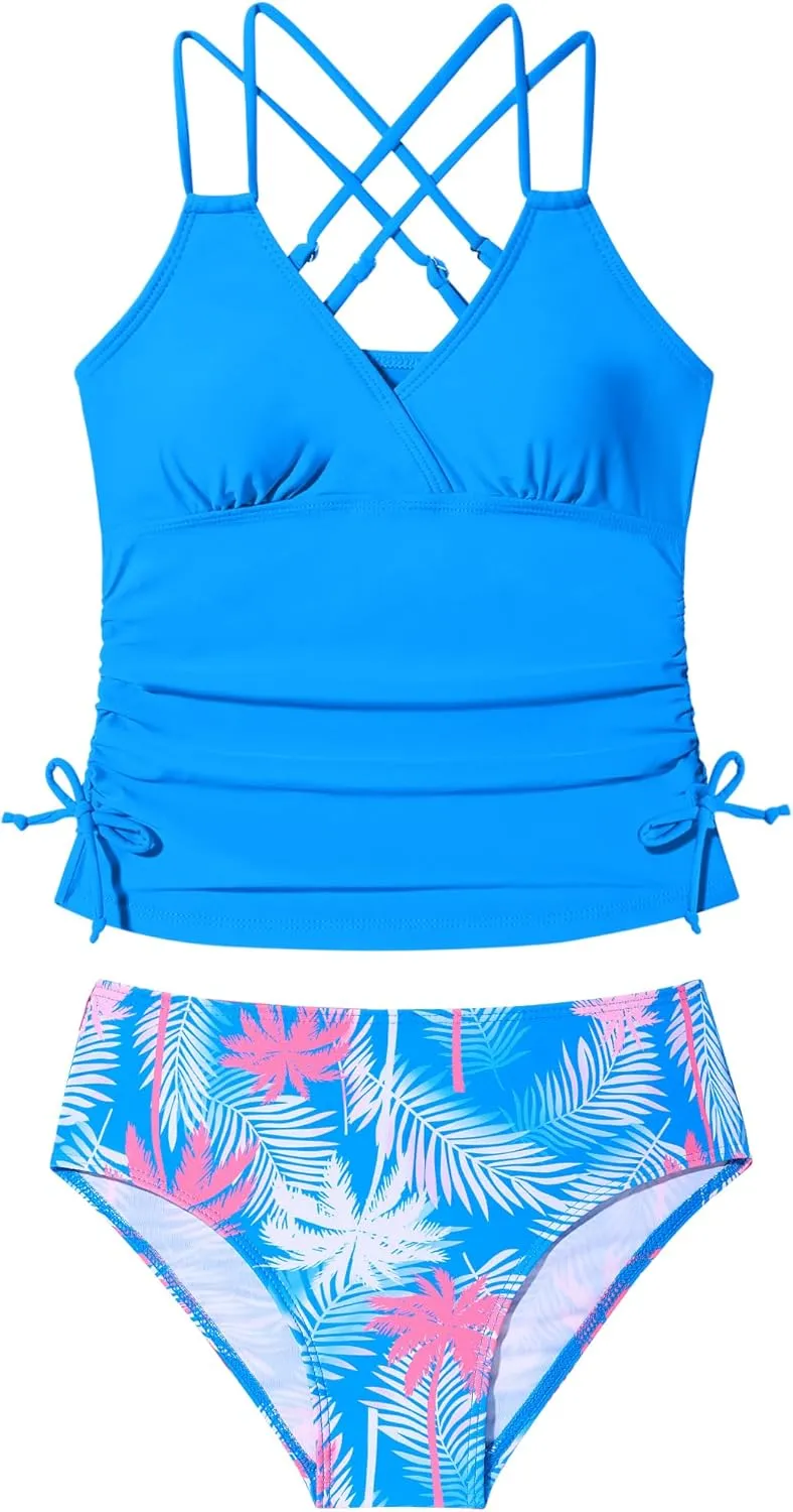 Girls Swimsuit 2 Piece Bikini Set Tropical Print Girls Bathing Suit Adjustable Straps 7-16T