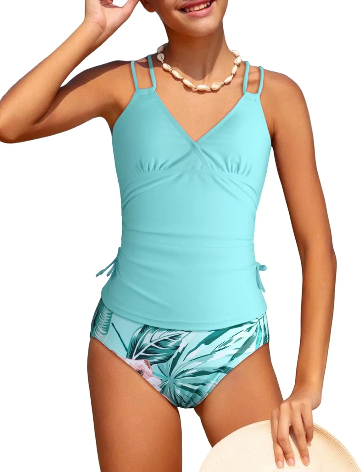 Girls Swimsuit 2 Piece Bikini Set Tropical Print Girls Bathing Suit Adjustable Straps 7-16T