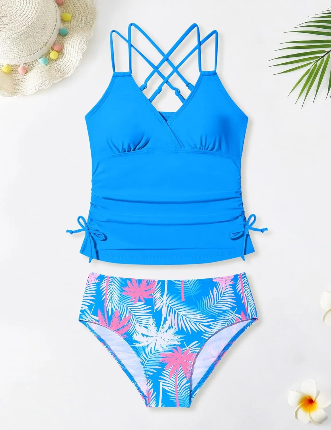 Girls Swimsuit 2 Piece Bikini Set Tropical Print Girls Bathing Suit Adjustable Straps 7-16T
