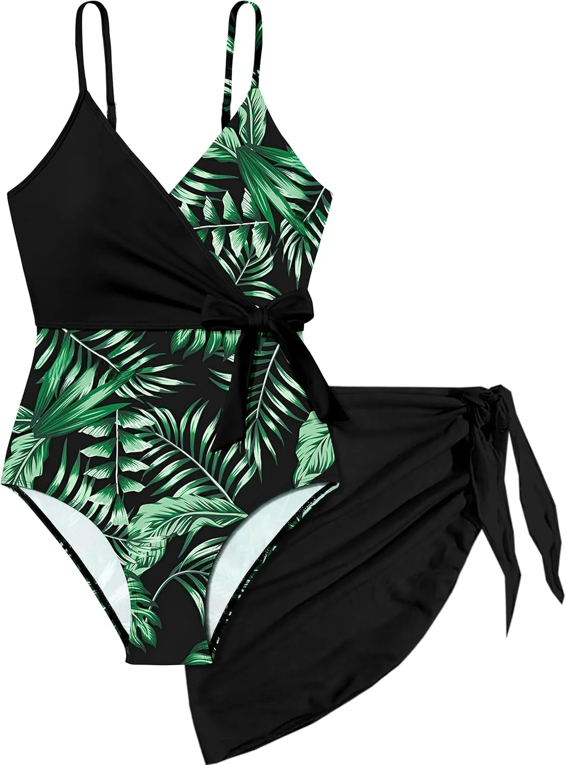 Girls Swimsuit One Piece Bathing Suit Tropical Floral with Adjustable Straps Girls'Swimwear with Cover Up 9-16T