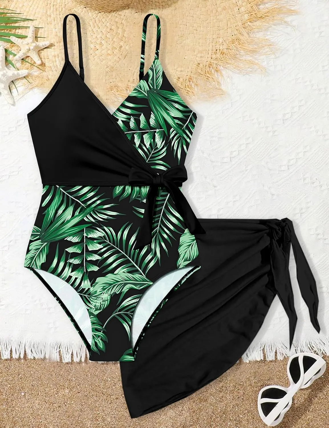 Girls Swimsuit One Piece Bathing Suit Tropical Floral with Adjustable Straps Girls'Swimwear with Cover Up 9-16T