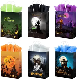 GITMIWS 24 Pack Halloween Treat Bags With Tissue, 8.7'' Small Goodie Gift Bags With Handle, Paper Candy Trick or Treat Bags for Kids Party Supplies