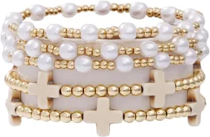 Gold Beaded Bracelets for Women Trendy, 14K Gold Plated Stack Cross Pearl Gold Bead Stretch Bracelets Set Elastic Hypoallergenic Bracelets Jewelry Gifts