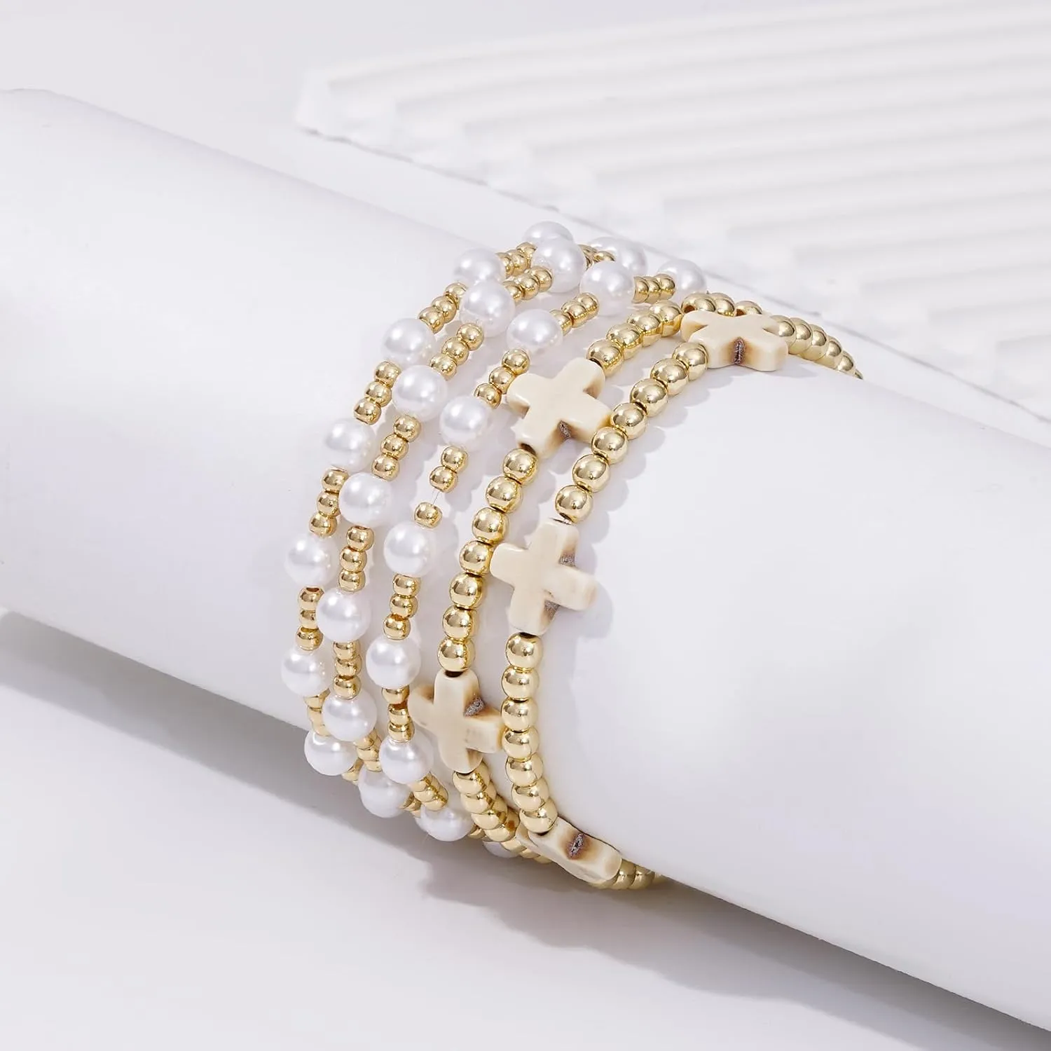 Gold Beaded Bracelets for Women Trendy, 14K Gold Plated Stack Cross Pearl Gold Bead Stretch Bracelets Set Elastic Hypoallergenic Bracelets Jewelry Gifts