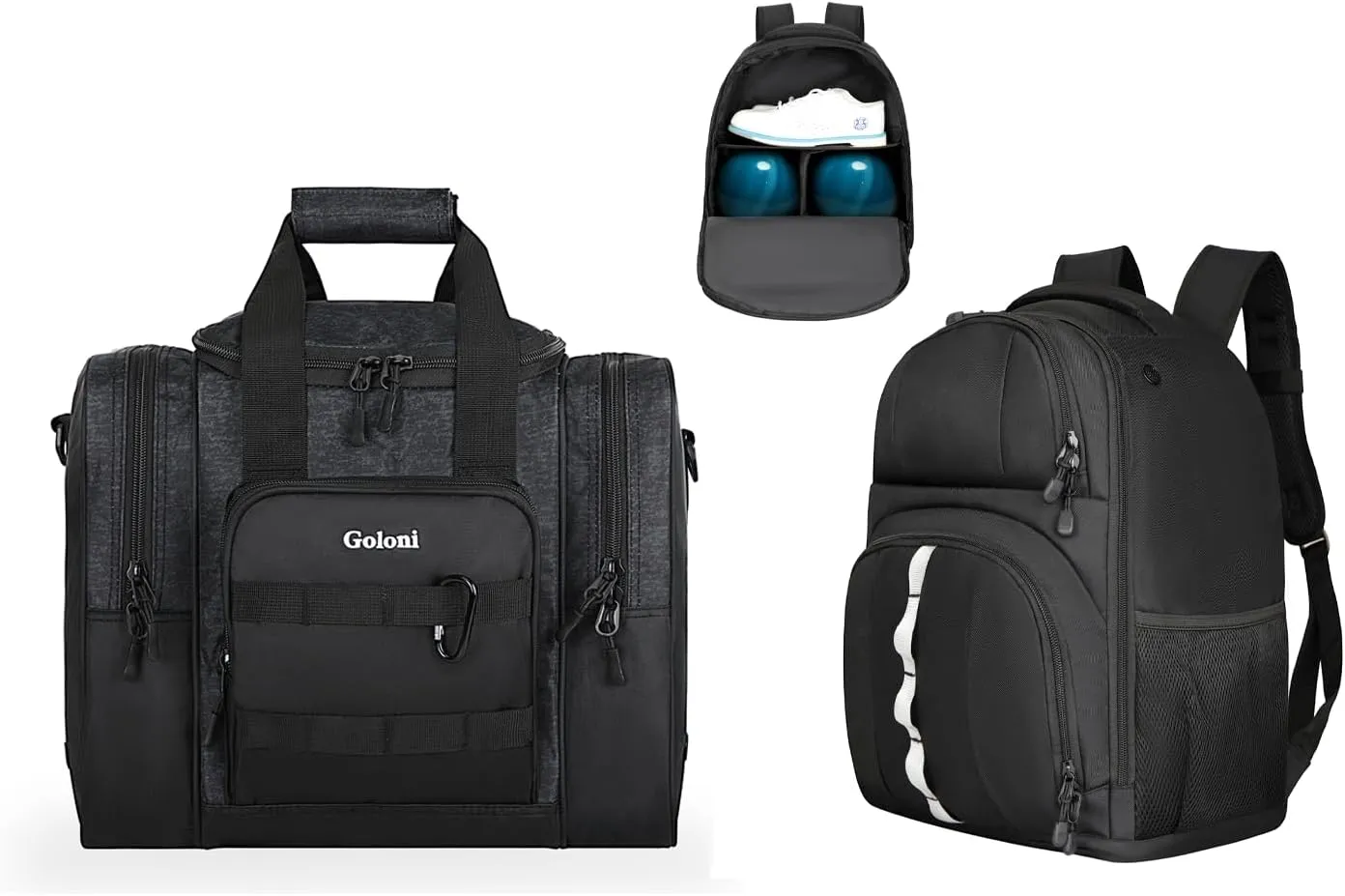 Goloni Bowling Ball Bag,2 Ball Bowling Backpack,Bowling Ball Bag with Shoe Compartment, Fits Bowling Shoes Up to US Mens Size 16 and Accessories