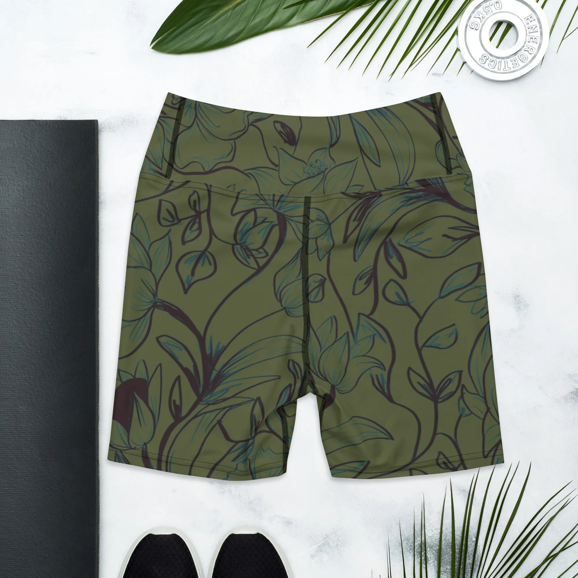 Green Flowers Yoga Shorts. Miami Collection