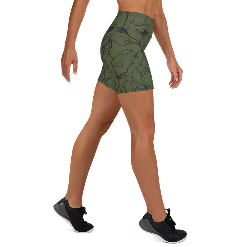 Green Flowers Yoga Shorts. Miami Collection