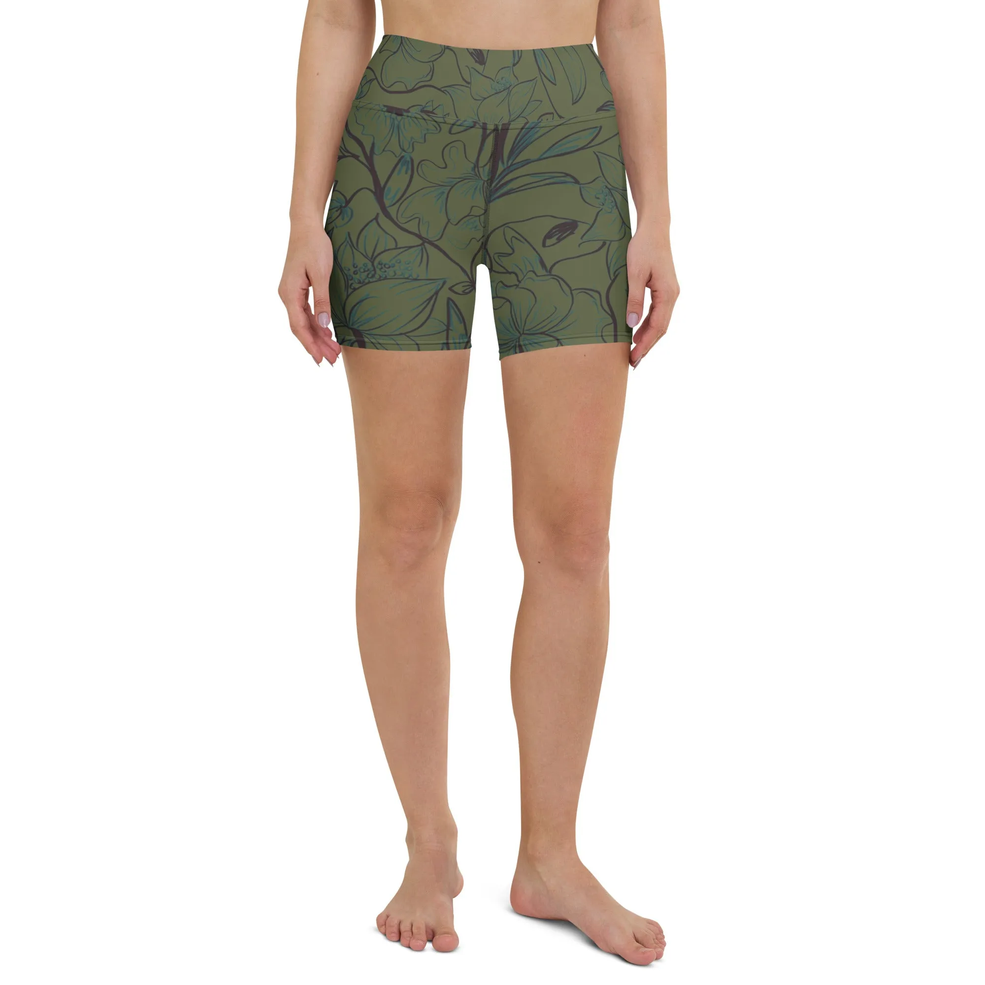 Green Flowers Yoga Shorts. Miami Collection
