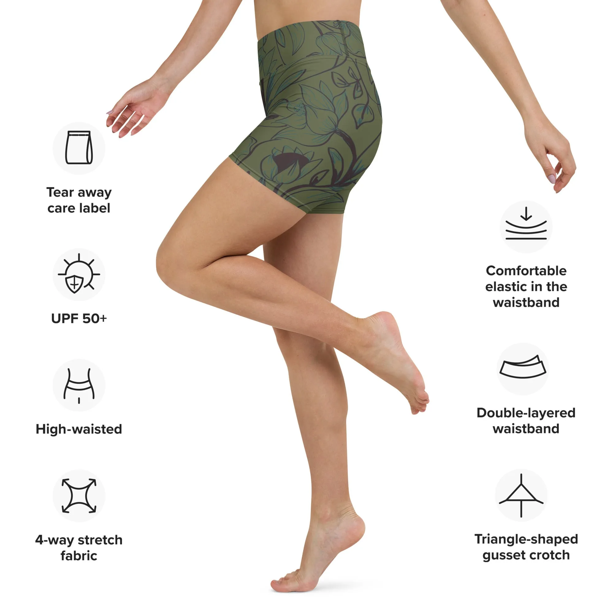 Green Flowers Yoga Shorts. Miami Collection