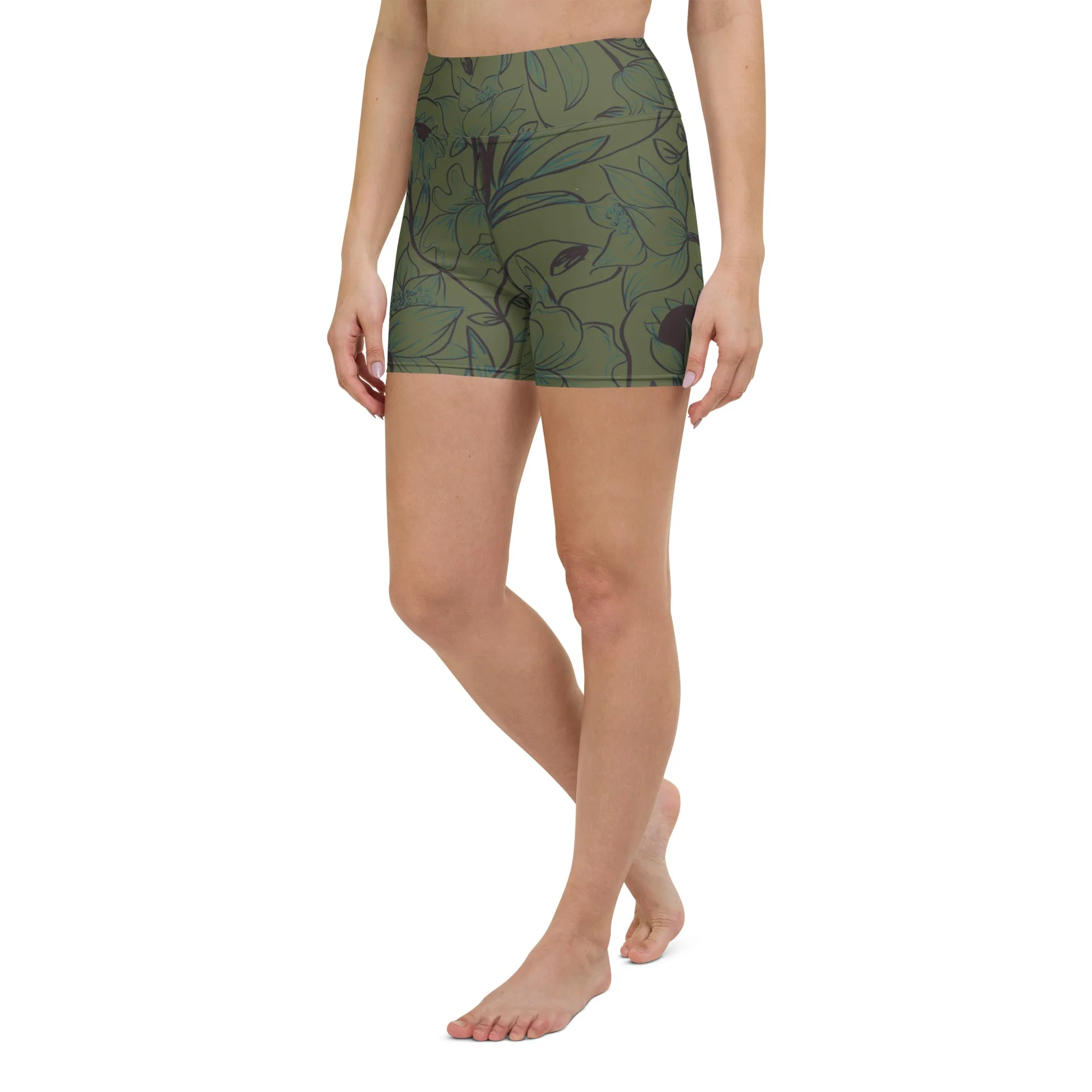 Green Flowers Yoga Shorts. Miami Collection