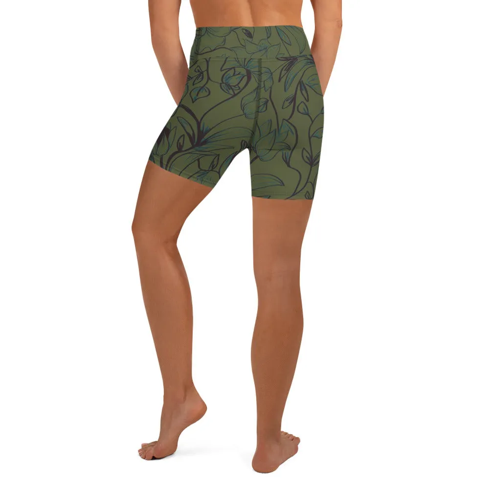 Green Flowers Yoga Shorts. Miami Collection