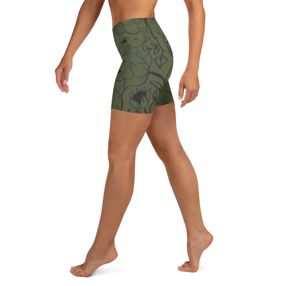 Green Flowers Yoga Shorts. Miami Collection