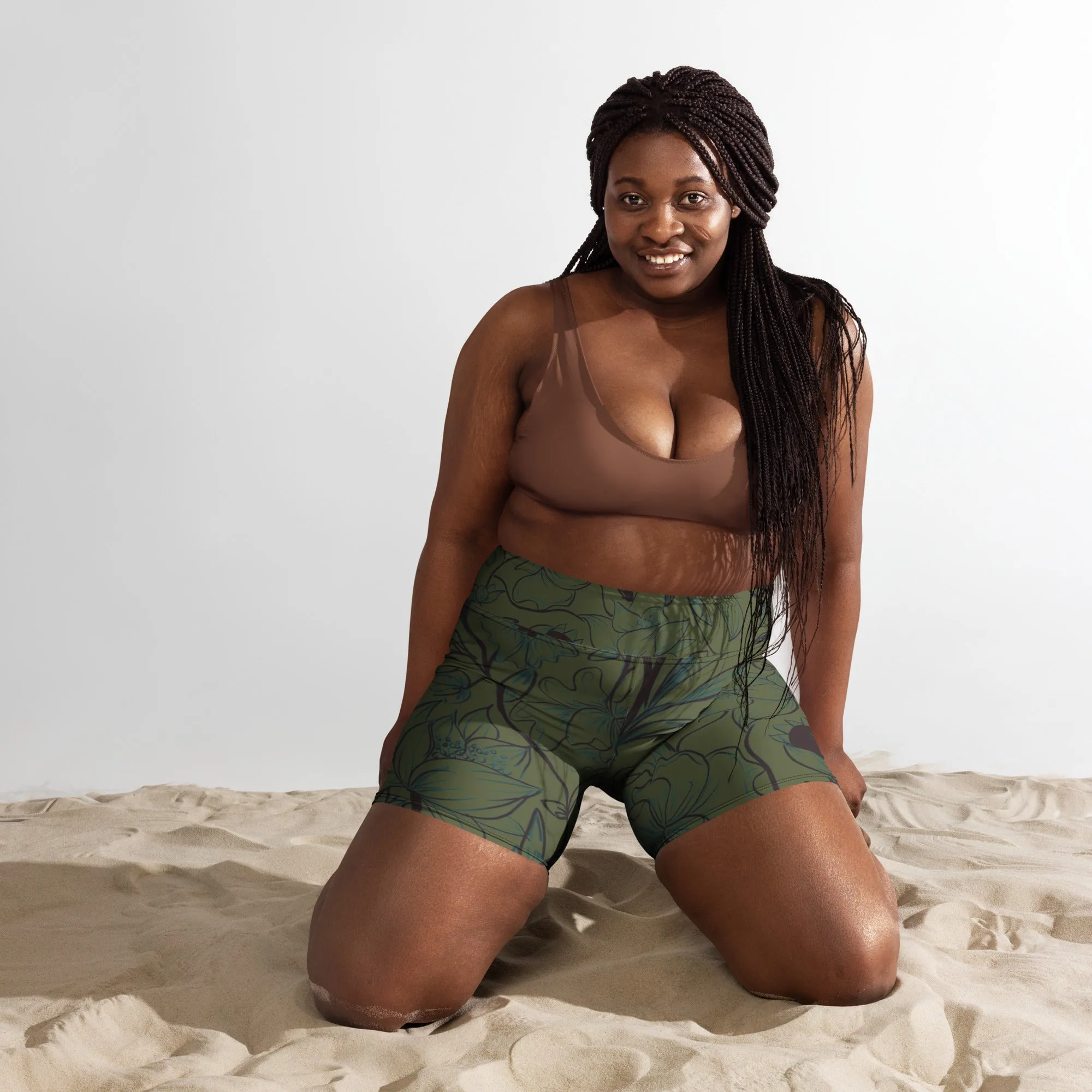Green Flowers Yoga Shorts. Miami Collection